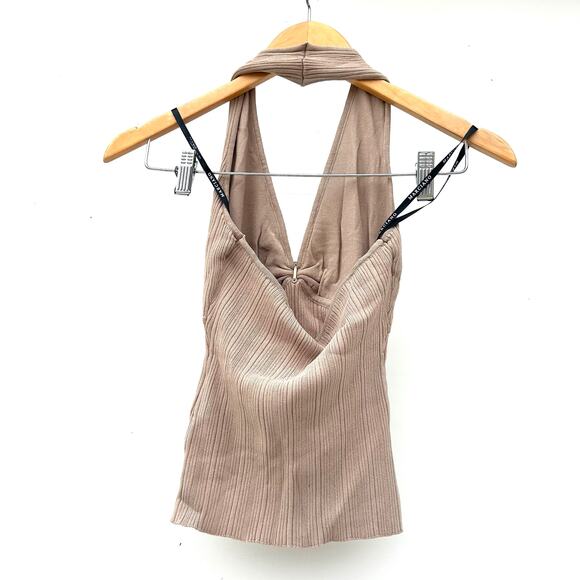 New Marciano By Guess Kathleen Halter Top Ribbed Blouse Taupe Tan XS Extra Small - Picture 4 of 7